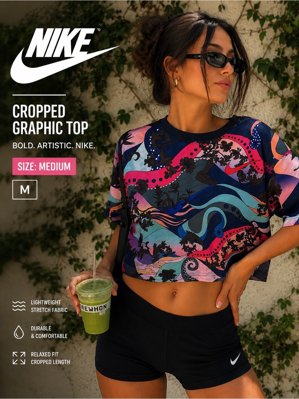 Nike Cropped Abstract Wave Print Top Pink Blue Psychedelic Graphic Tee Medium